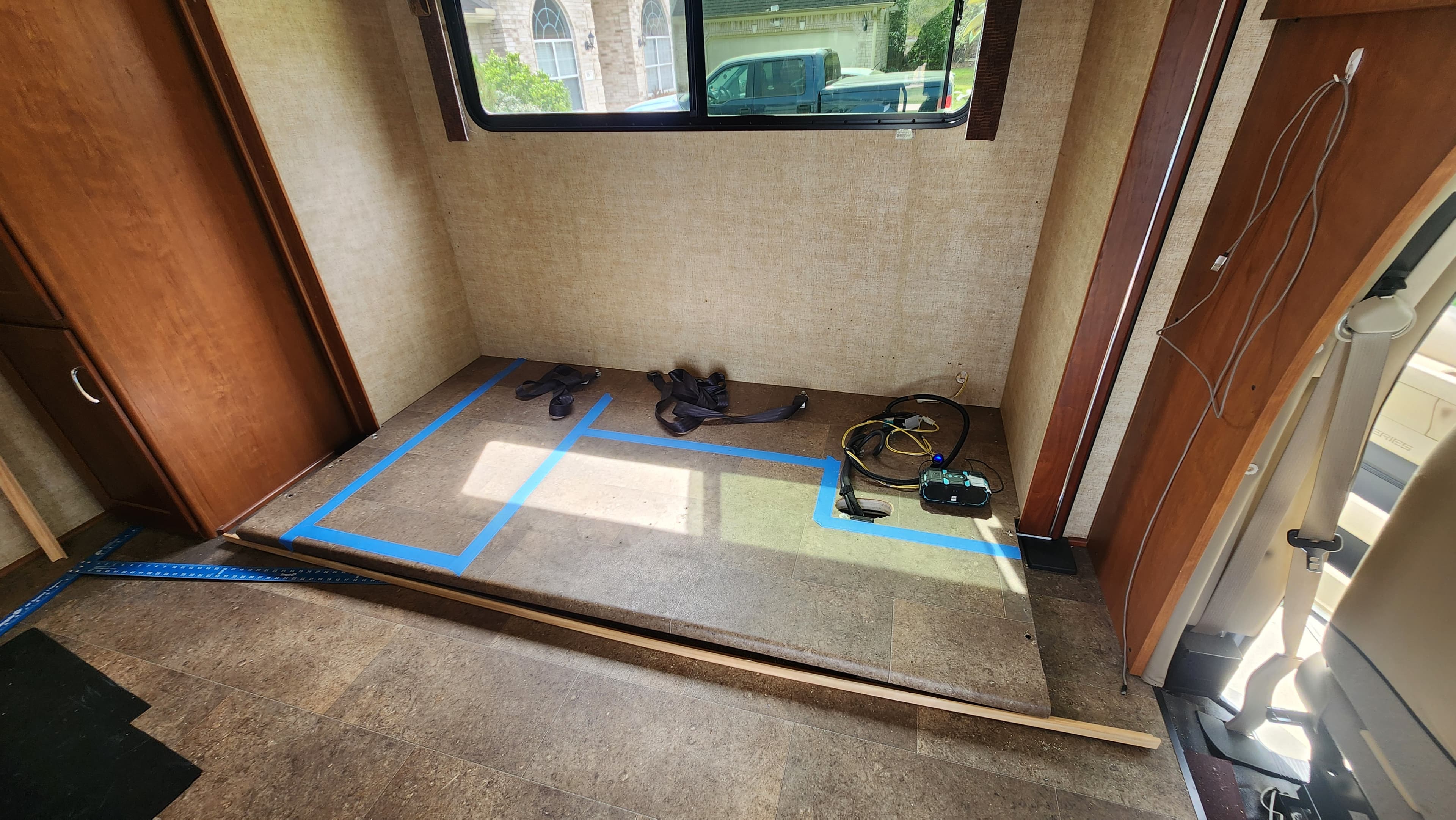 RV motorcoach stripped out for custom dinette installation — Elite Reliability RV