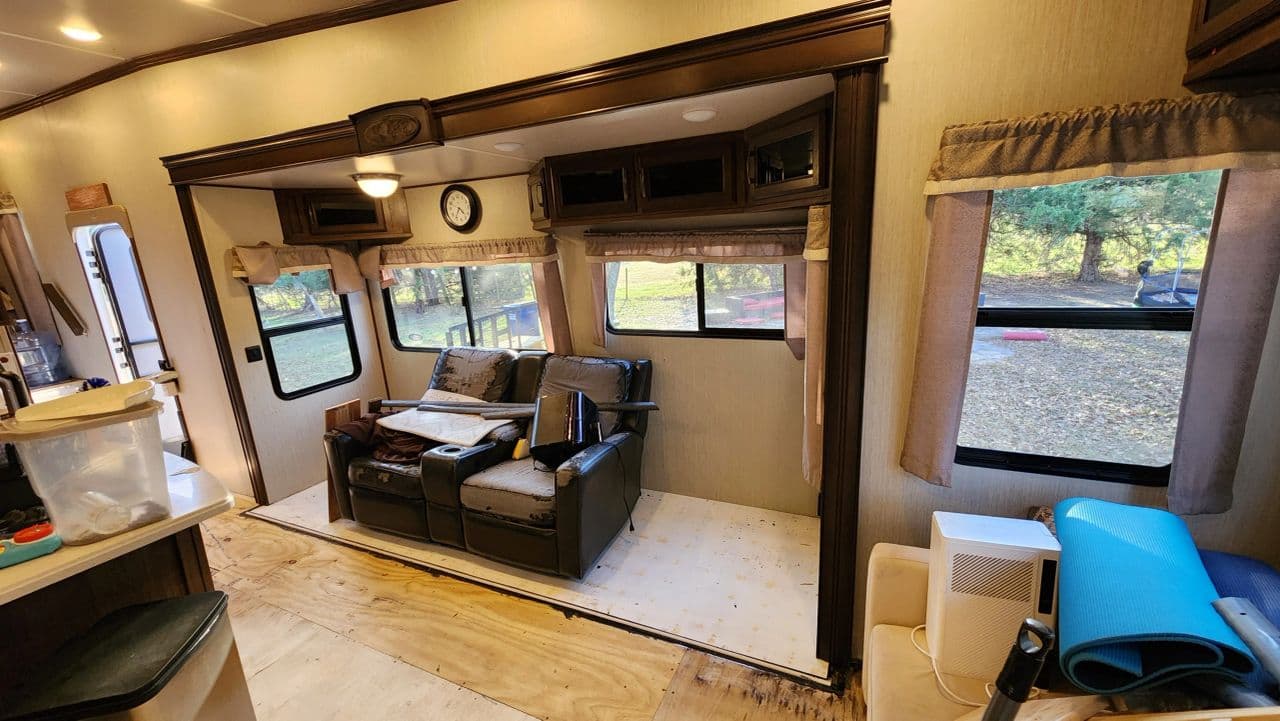 Completed RV slide out floor replacement — finished flooring installed Magnolia TX
