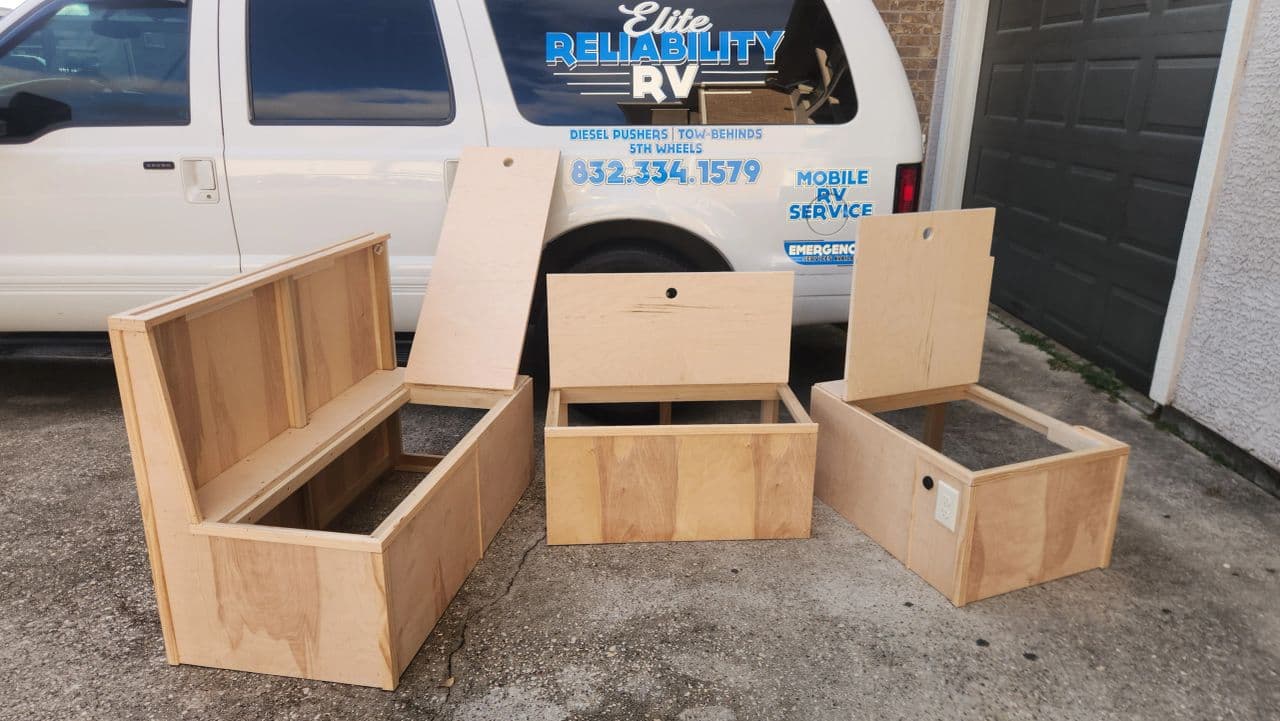 Custom RV dinette being built and assembled — designed for exact motorcoach dimensions