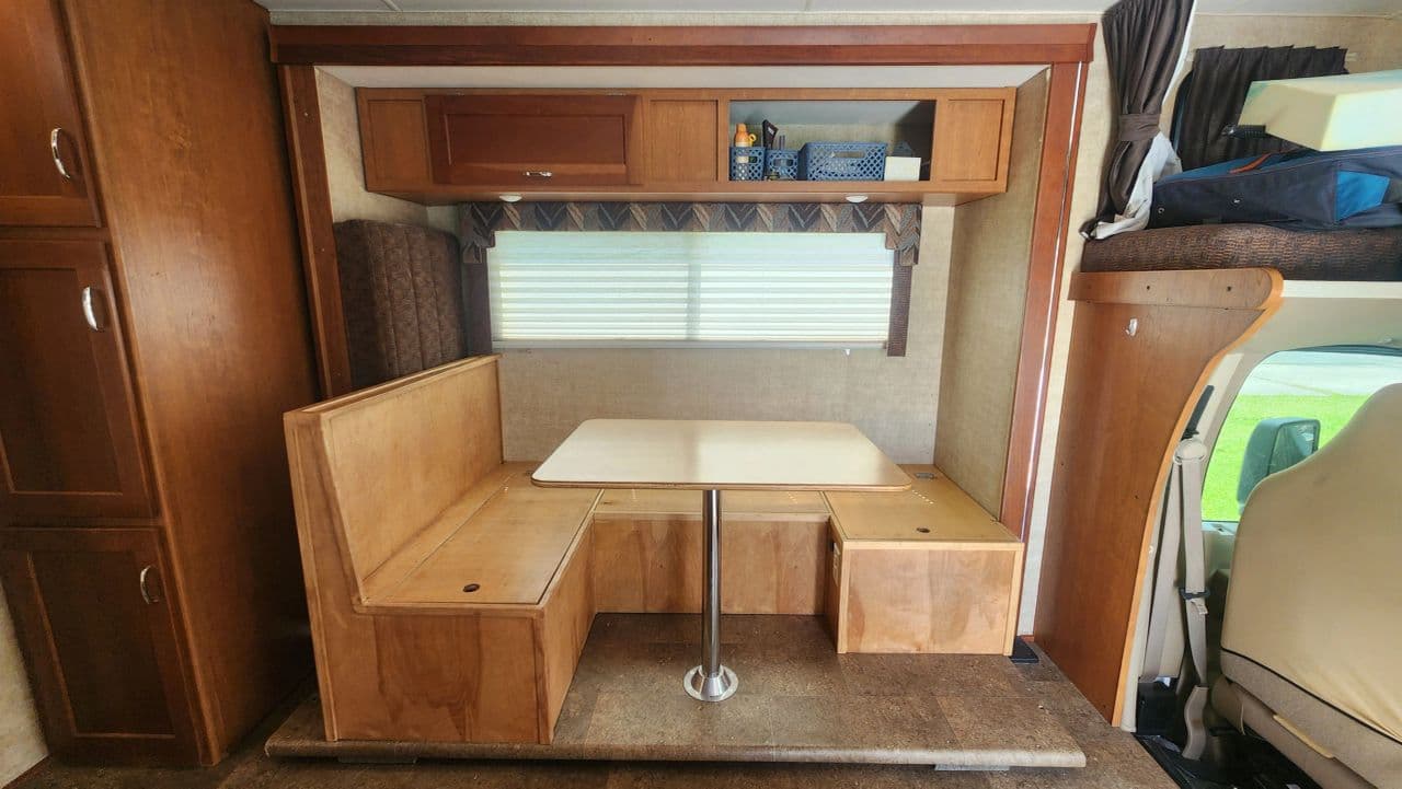 Completed custom RV dinette and storage build — motorcoach interior Magnolia TX